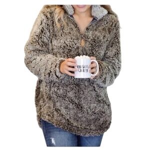 SIMPLY SOUTHERN Faux Fur Sherpa Quarter Zip Pullover Sweater MEDIUM Coffee Cream